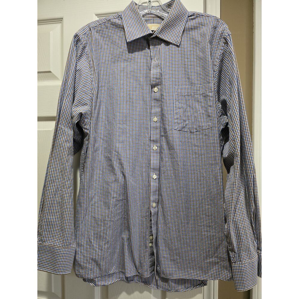 Michael Kors Button-Down Shirt Blue Brown Gingham Check